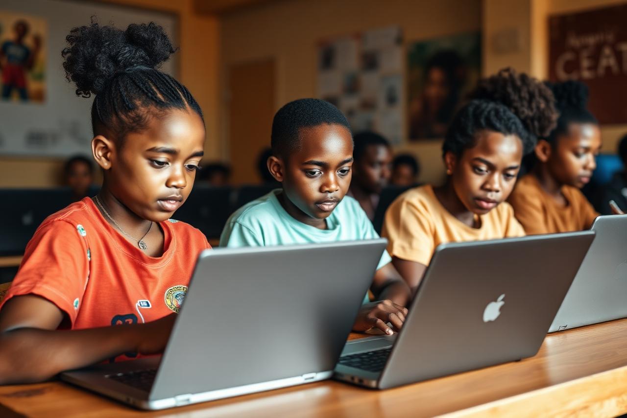 Jamaican youth learning AI on laptops