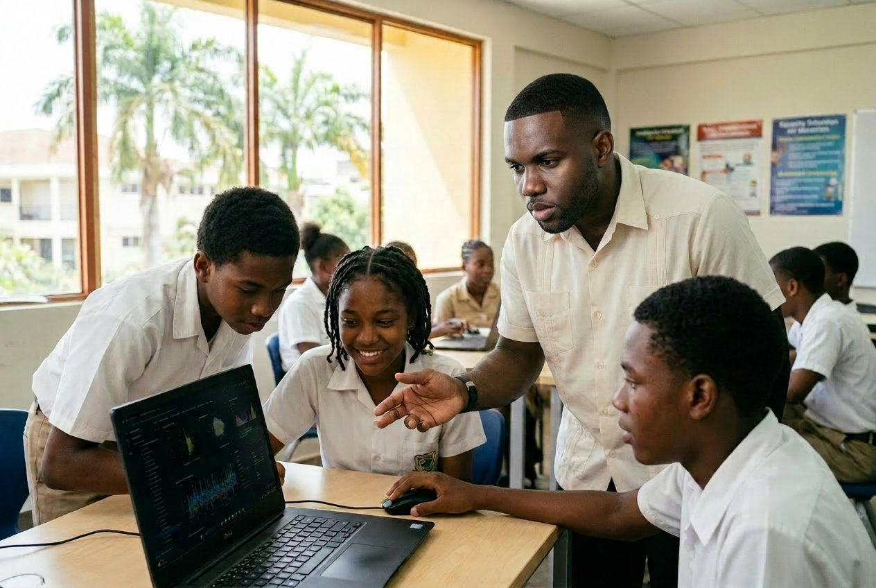 Founder coaching Jamaican students at a laptop during an AI workshop