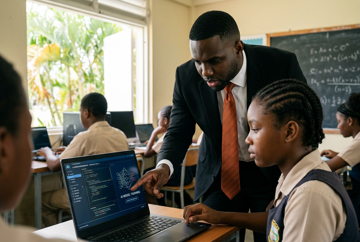 Founder guiding a student through AI software on a laptop in a Jamaican classroom