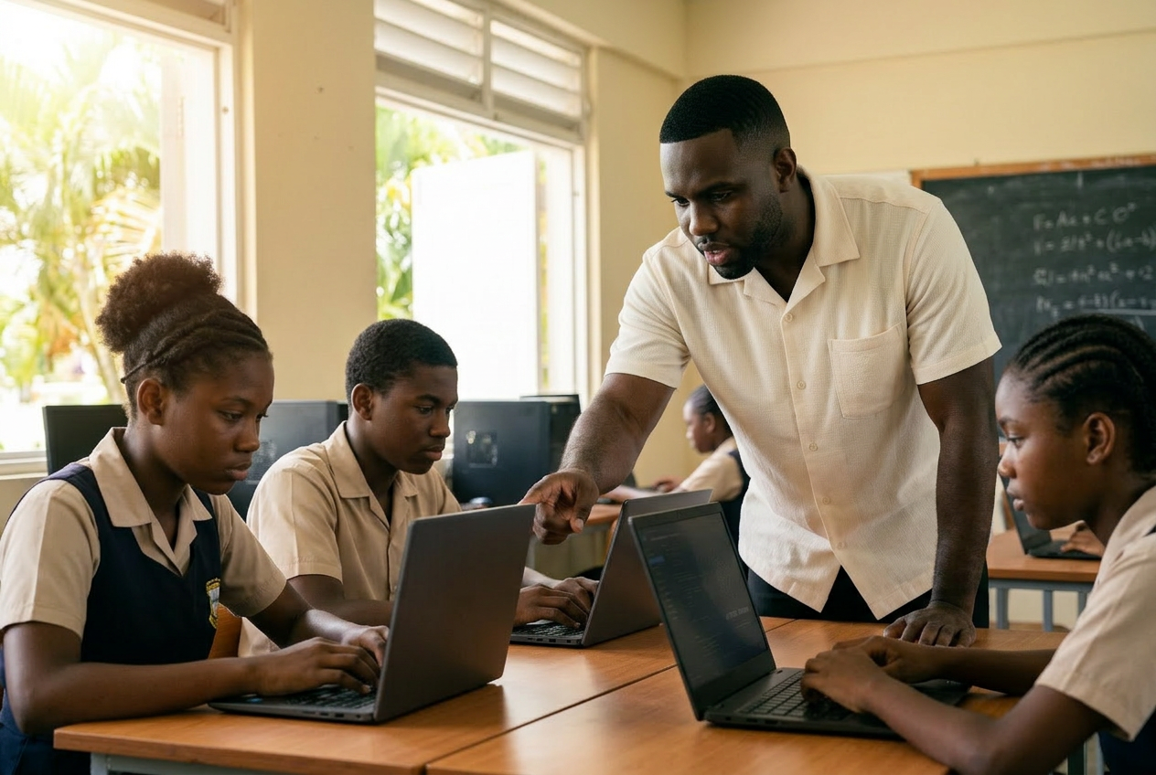 Founder teaching AI fundamentals to a Jamaican classroom with students on laptops