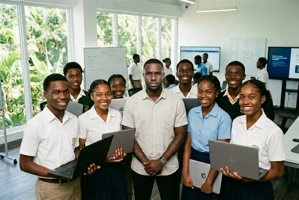 Founder with a group of Jamaican students holding laptops after an AI training session